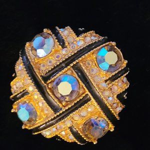Vintage Geometric Rhinestone studded brooch -black, clear, AB stones
